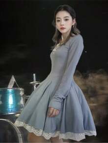 Solid Lace Patchwork Pleated Knitted Dress For Women's Spring Autumn Long Sleeved Slim Clothes Sweet Big Swing Concert Festival Dresses - View 3