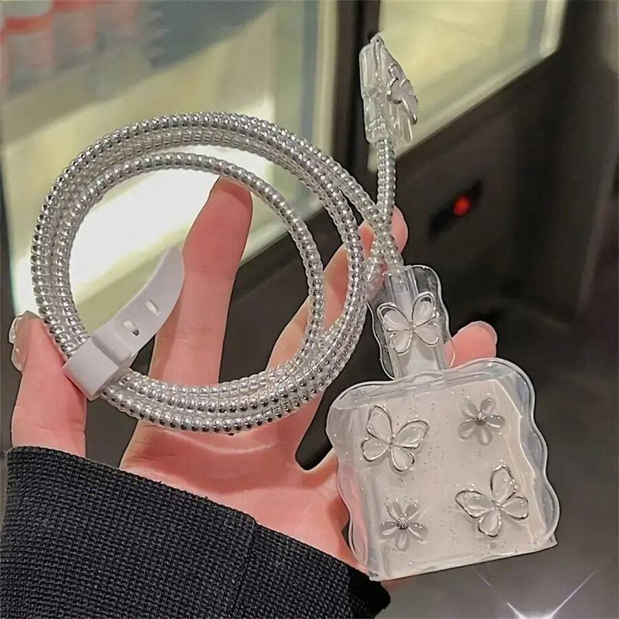 5pcs TPU Charging Cable Protector Set, With Cat Eye Rhinestone Butterfly Design And Silicone Cable Organizer - Decorative Transparent Anti-Breakage Protector Accessories (Batteries Not Included) - Silver Cat's Eye Butterfly - View 1