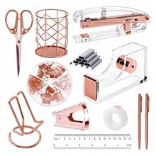 Superlele Rose Gold / Gold Office Supplies And Accessories Set, Acrylic Stapler Set For Back To School Season, Staple Remover, Phone Holder, Pen Holder, Scissor, Ruler, Transparent Tape, Back To School Dormitory Storage