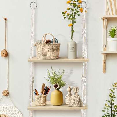 1pc Macrame Wall Hanging Shelf,Boho Wood Wall Shelves Wood Double Layer Woven Wall Hanging Storage Rack, Wall Decor Corner Floating Shelves, Hanging Shelves Plant Wall Shelf ,Bathroom Rack Wall Mounted Shelf ,Rustic Wood Wall Shelves For Bathroom Kitchen Bedroom Living Room ﻿