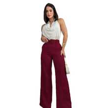 Pantalon mujer corte amplio cintura alta con cinturon elegante - Burdeos - Ver 4