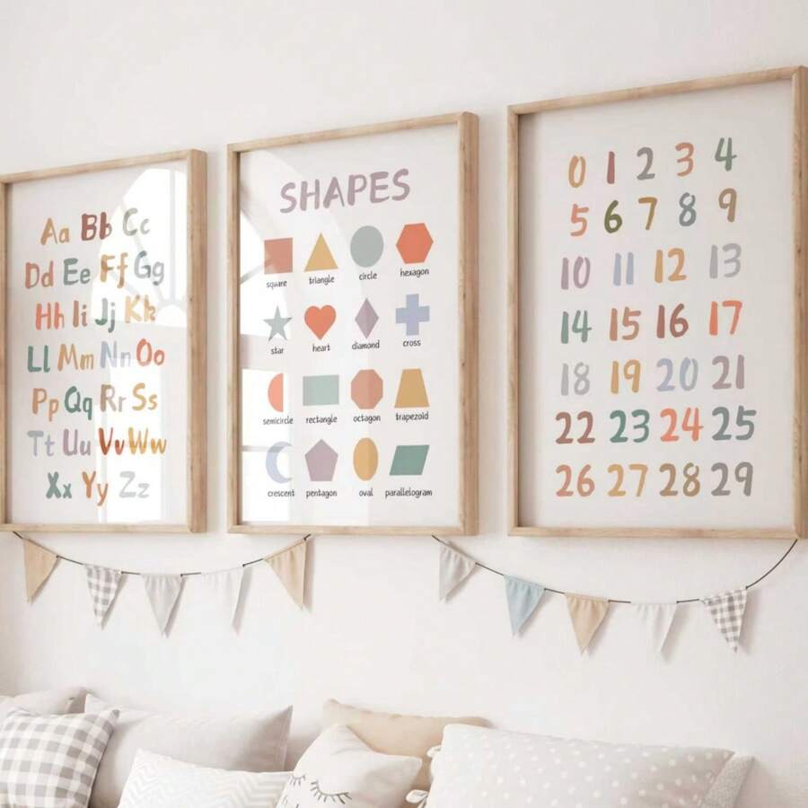 Bộ 3 tranh treo tường phòng trẻ em - Bảng chữ cái, Biểu đồ số & Áp phích ABC | Đồ trang trí phòng trẻ em giáo dục cho bé trai và bé gái | Áp phích vải canvas phong cách Boho hiện đại | Khung tùy chọn, Tranh treo tường có khung - Nhiều màu - Xem 1
