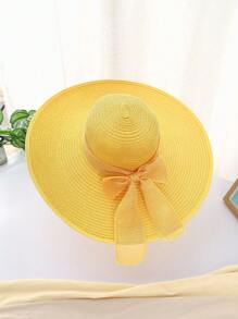 1 Pc Solid Color Casual Elegant Bohemian Straw Bow Wide Brim Round Top Sun Hat, UV Protection, Wind Proof, Decorative Strap, Fashionable, Versatile, Suitable For Commuting And Vacation, All Seasons - Round Straw Hat - View 15