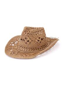 1pc Solid Color Boho Casual Hollow-Out Decor UPF Sun Protection Woven Panama Hat, Cowboy Sunhat, Fashion & Versatile For All Seasons, Commute