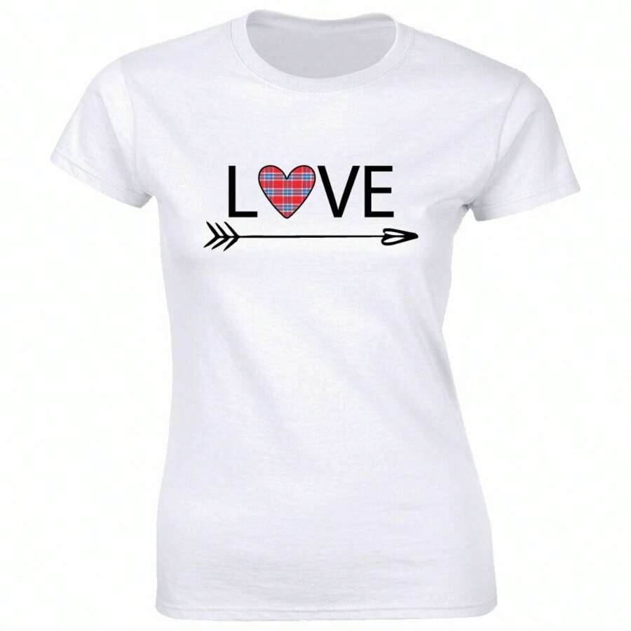 Love With Plaid Heart And Arrow Image T-Shirt For Women - 白色 - 查看 1