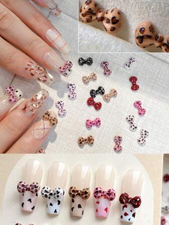 50pcs/Bag 3D Leopard Print Bow Tie Nail Art Decorations, Flat Back Y2K Colorful Bow Tie Nail Decor Accessories, Kawaii Pink, White, Light Yellow, Light Pink, Brown-Red, Coffee, Black Mixed Colors Random DIY Nail Jewelry, Nail Art Supplies, Professional DIY Nails
