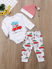 Newborn Babys Christmas 3Pcs Suit, Long Sleeve Triangle Button Crotch Top With Printed Long Pants And Striped Hat - 白色 - 查看 2