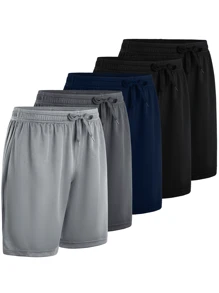 5 Pcs Men's Athletic Performance Shorts - Quick Dry Polyester Micro Mesh With Elastic Waist & 2 Side Pockets (8 Inch Inseam) - 2 Black + Navy Blue + Dark Gray + Light Gray - View 1