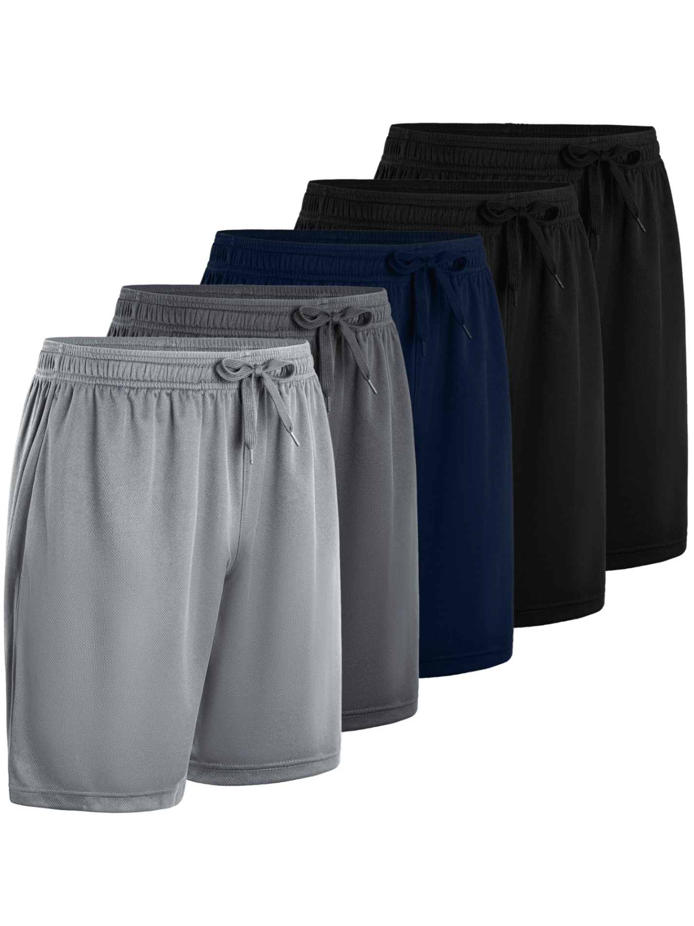 5 Pcs Men's Athletic Performance Shorts - Quick Dry Polyester Micro Mesh With Elastic Waist & 2 Side Pockets (8 Inch Inseam) - 2 Black + Navy Blue + Dark Gray + Light Gray - View 1