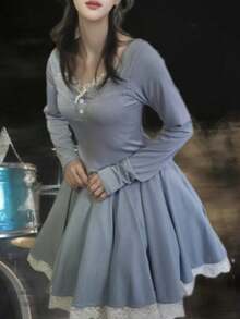 Solid Lace Patchwork Pleated Knitted Dress For Women's Spring Autumn Long Sleeved Slim Clothes Sweet Big Swing Concert Festival Dresses - View 4