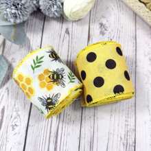 1 pièce/2 pièces Rubans de ressort à abeilles avec fil pour couronnes, arcs, emballage de cadeaux. Ruban à bourdons pour l'emballage de cadeaux, la décoration de fête d'anniversaire, les artisanat DIY. Ruban en toile de jute à pois jaune de 2,5 pouces avec bord fileté