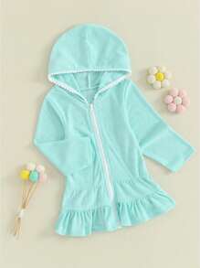 Kids Toddler Little Girl Swim Cover Up Terry Zip-Up Hooded Beach Bathing Suit Swimsuit Wraps Zipper Coverup Dress - 藍色 - 查看 2