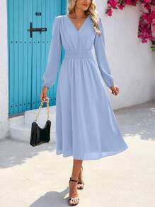 Long Sleeve Dress For Women Spring Elegant V-Neck Flowing Wedding Guests Festive Formal Dress - xanh nhạt - Xem 4