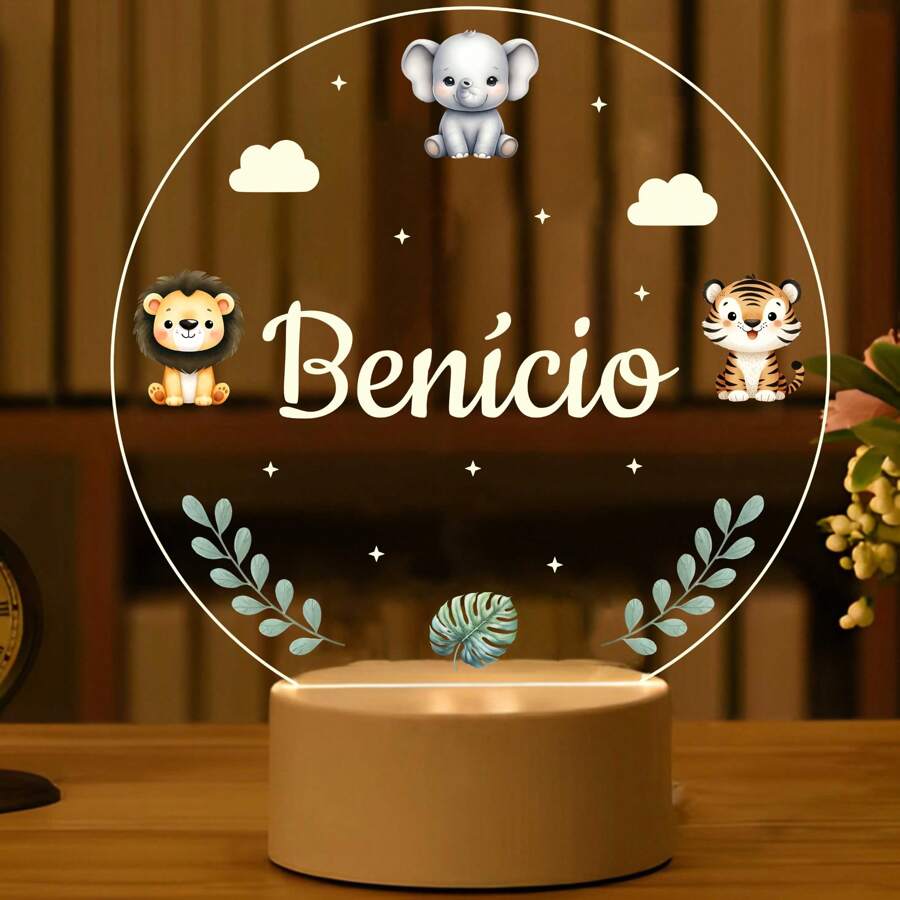 Luminária Safari LED Personalizada nome Criança, Decoração, Bebê, Presente, Leão, Girafa, Elefante, Zebra - Branco Quente - Visão 1