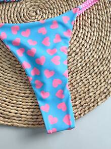 Women's Backless Tie-Up Bikini Set, With Heart Print And Thong, Casual Stretchy Swimwear - Blue - View 6