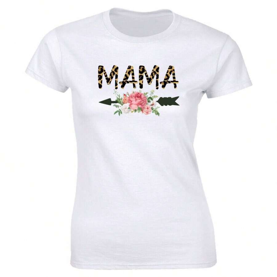 Mama With Flower Image And Leopard Cheetah Print T-Shirt For Women - White - View 1