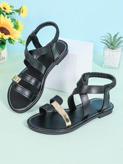 1 Paar Mädchen Schwarze Flache Sandalen, einfarbiger PU-Riemen Elastischer Rückendesign Runde Zehenform Leicht Rutschfest Süße Römische Sandalen, Geeignet für Jungen & Mädchen im Alter von 3-16 Jahren für Lässig, Urlaub, Sommer