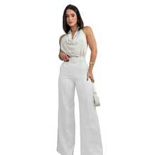Pantalon mujer corte amplio cintura alta con cinturon elegante - Blanco - Ver 4