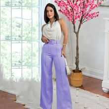 Pantalon mujer corte amplio cintura alta con cinturon elegante - Púrpura malva - Ver 1