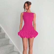Vestido corto elegante sin mangas falda volumen femenino moderno - Rosa Fucsia - Ver 4