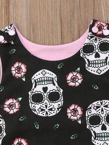 2 piezas de mono de calavera para bebé recién nacido, niño y niña, mono floral sin mangas, mono con diadema - Negro - Ver 4