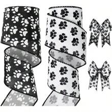 狗爪有线丝带白色黑色骨丝带 2 卷农舍工艺包装丝带装饰丝带适用于 DIY 工艺品宠物主题派对装饰插花 - 彩色 - 查看 2