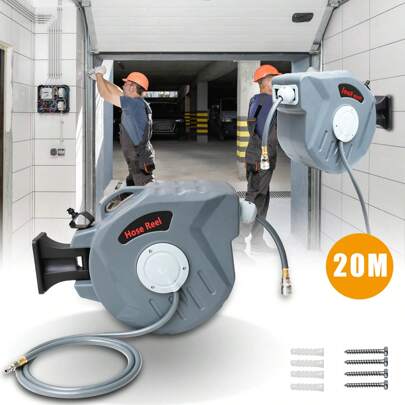 Jiubiaz Schlauchtrommel 20 m, Druckluftschlauch Aufroller, Schlauch Aufroller, Kompressor-Zubehör, Wandhalterung, 1/4 Zoll Schnellkupplung, 180° Schwenkbar