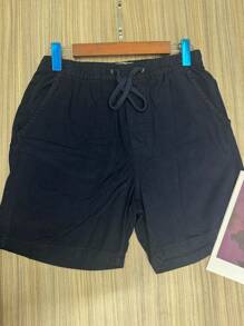 Men's Twill Shorts With Drawstring, Above-The-Knee Model - Navy Blue - View 3