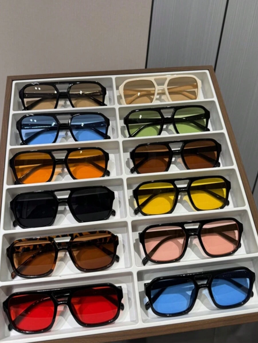 12pcs Men's Square Glasses, Fashion Outdoor Street Photography, Travel, Business, Casual Wear For Summer Beach Vacation,Outdoor,Travel - Multicolor - View 1