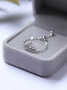 1pc Women's Fashionable Cubic Zirconia Studded Crown Chain Adjustable Open Ring, Lightweight Luxury Versatile Finger Jewelry Gift, Suitable For Daily Wear