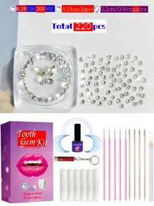 220pcs Self-Adhesive Super Shiny Tooth Gems DIY Jewelry Set With Tools, Removable & Reusable Butterfly Tooth Decor, Crystal White Rhinestone Round & Asymmetric Shape, Fashion Sparkling Tooth Sticker For Y2K, Party, Halloween, Sturdy & Reliable, Comes With Glue
