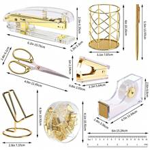 Superlele Rose Gold / Gold Office Supplies And Accessories Set, Acrylic Stapler Set For Back To School Season, Staple Remover, Phone Holder, Pen Holder, Scissor, Ruler, Transparent Tape, Back To School Dormitory Storage