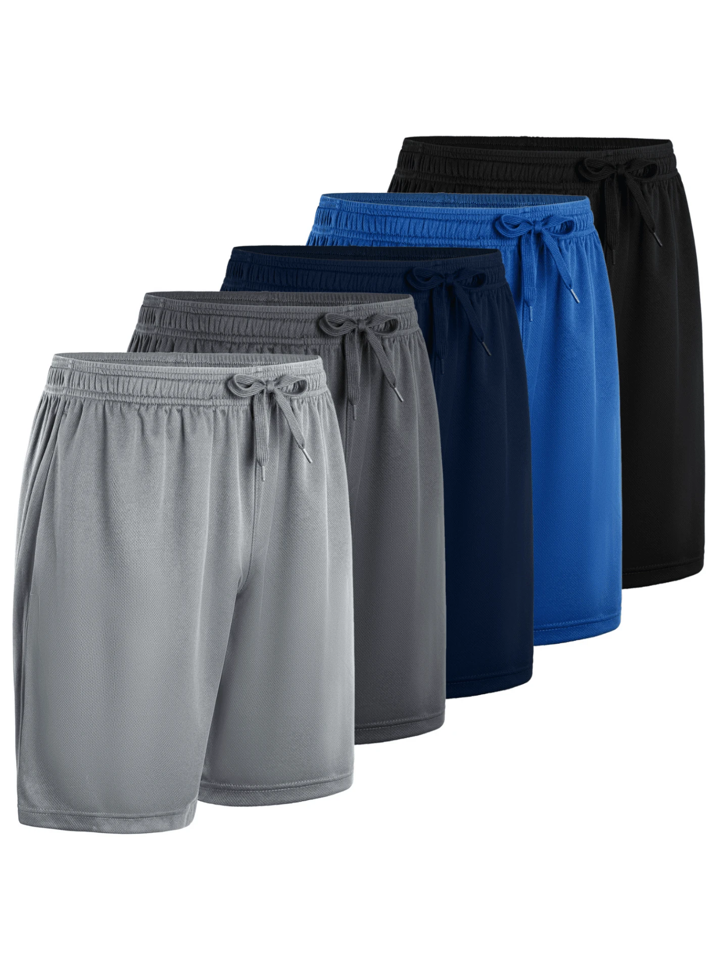 5 Pcs Men's Athletic Performance Shorts - Quick Dry Polyester Micro Mesh With Elastic Waist & 2 Side Pockets (8 Inch Inseam) - Đen + Xanh nước biển + Xanh sapphire + Xám đậm + Xám nhạt - Xem 1
