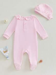 Charming Princess Baby Girl Clothes Set Featuring Long Sleeve 3D Print Ruffled Romper, Cute Footwear + Stylish Flower Hat - Ideal Infant Clothing Suit For 0-8M - Pink - View 3