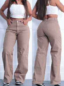 Women's Wide Leg Jeans, High Waist, High Waist, Enhances Butt Size 36 To 46 - 米色 - 查看 1