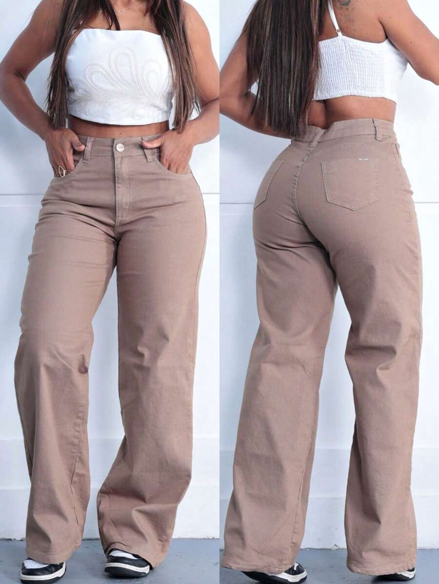 Women's Wide Leg Jeans, High Waist, High Waist, Enhances Butt Size 36 To 46 - 米色 - 查看 1