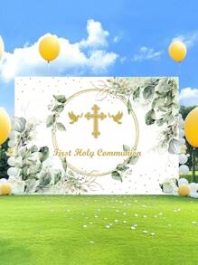 1 Stück Fotohintergrund für erste heilige Taufe mit Grünpflanzen, Friedenstaube und goldenem Design, 210cm x 150cm, Neugeborenen Geburtstag Fotohintergrund für drinnen und Outdoor