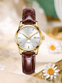 FANSICHEN New Women's Watch, Gold-Color Case, Date Display, Classic Silver Dial With Luminous, Minimalistic Batons Design, Waterproof, Suitable For Daily Wear And As Gift For Festivals - Silver - View 5