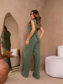 Women's Wide Leg Jumpsuit With Tie - Verde militar - Ver 2