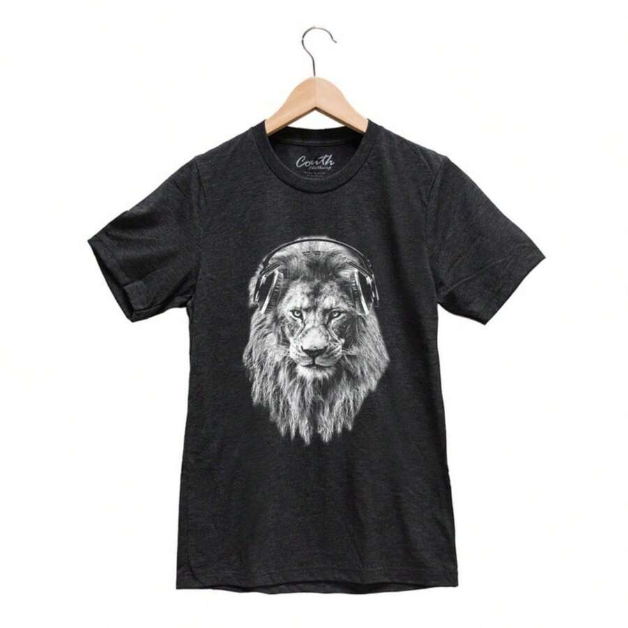 Lion T-Shirt, 's Graphic Tee, Custom Hand Screen Print, Tri-Blend Short Sleeve, Headphone T-Shirt, Animal T-Shirt, Unisex T-Shirt