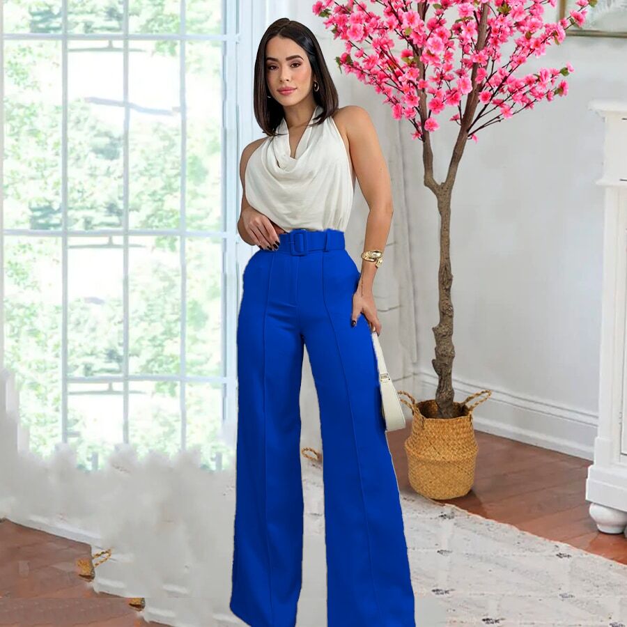 Pantalon mujer corte amplio cintura alta con cinturon elegante - azul real - Ver 1