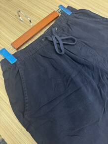 Men's Twill Shorts With Drawstring, Above-The-Knee Model - Navy Blue - View 1