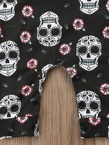 2 piezas de mono de calavera para bebé recién nacido, niño y niña, mono floral sin mangas, mono con diadema - Negro - Ver 5