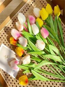 Ensemble principal de 6 tulipes artificielles, convient pour la décoration de la maison, décoration florale de table d'anniversaire, forçage de vraies et de fausses fleurs de tulipe (vase non inclus) pour symboliser la venue, la richesse et la prospérité - Multicolore - Voir 5