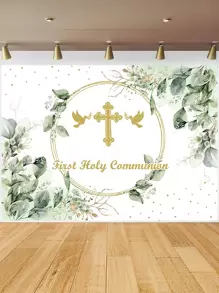 1 Stück Fotohintergrund für erste heilige Taufe mit Grünpflanzen, Friedenstaube und goldenem Design, 210cm x 150cm, Neugeborenen Geburtstag Fotohintergrund für drinnen und Outdoor