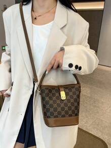 Bolso de hombro, bolso de mano, bolso tipo cubo de color contrastante de moda - Marrón - Ver 4