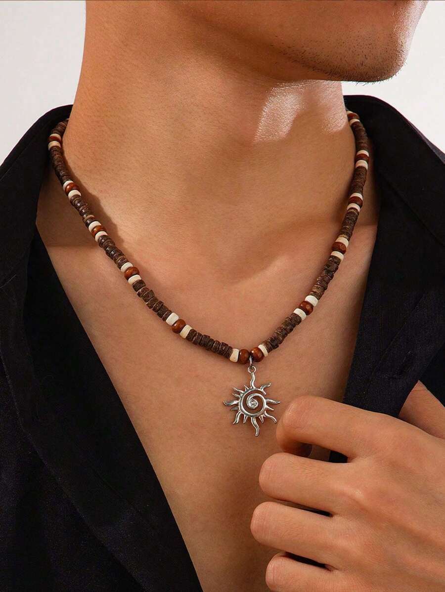 男士串珠项链、冲浪者项链、木串珠项链、椰子壳项链、沙滩项链、夏威夷夏季项链、沙滩珠宝