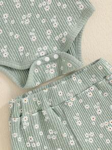 Ropa para bebé recién nacido, niña, con estampado floral acanalado, volantes, manga larga, mono, pantalones, diadema, conjunto de 3 piezas con flores bonitas para otoño e invierno - Verde - Ver 5