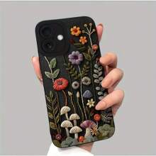 Flower 1 件黑色哑光刺绣鲜艳花卉图案手机壳，适用于 16 Pro Max、15、14 Plus、13、12、11 及系列防水防震防摔防刮