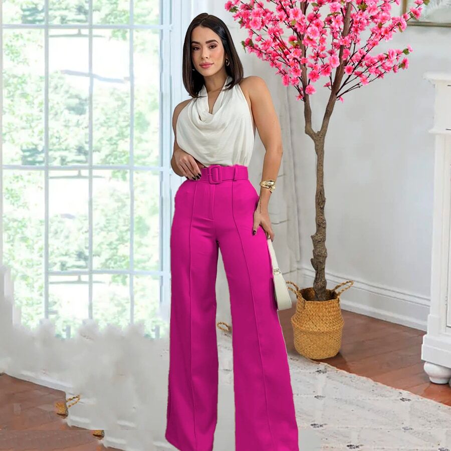 Pantalon mujer corte amplio cintura alta con cinturon elegante - Rosa Fucsia - Ver 1